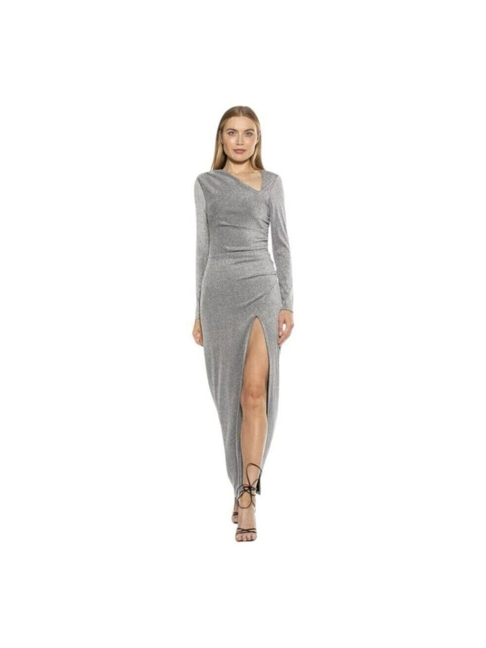 Alexis Admor Cutout Silver Ruched Shimmer Gown Size Small